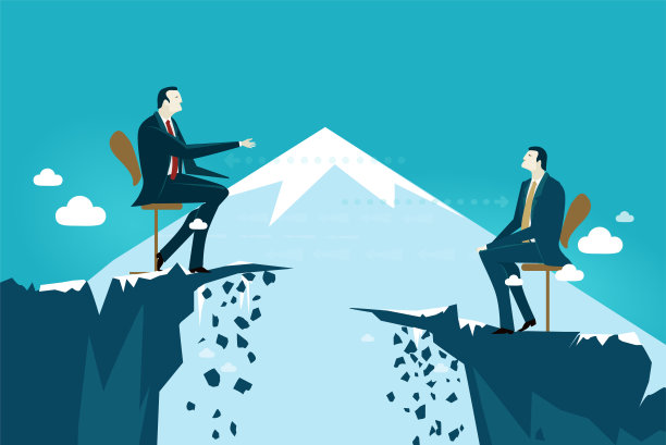 two leading businessmen talking on top on the mountain.两个主要的商人在山顶上交谈。商业概念的风险说明素材图片