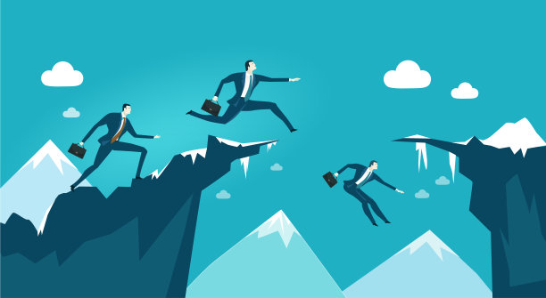 商人试图到达峡谷的另一边。事业上的成功、机遇、冒险概念的例证。素材图片