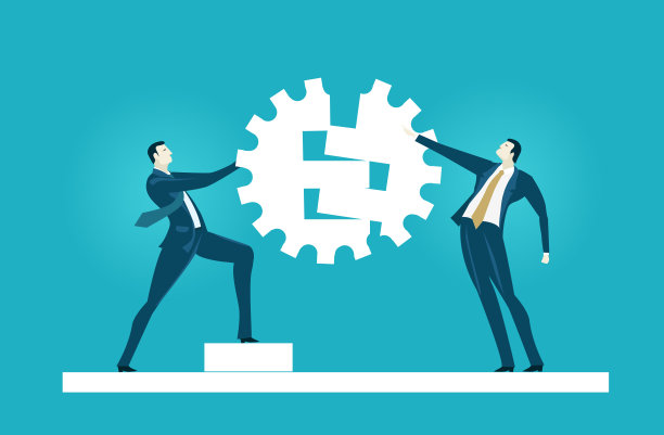 两个商人正在组装齿轮拼图。一起工作的概念。素材图片