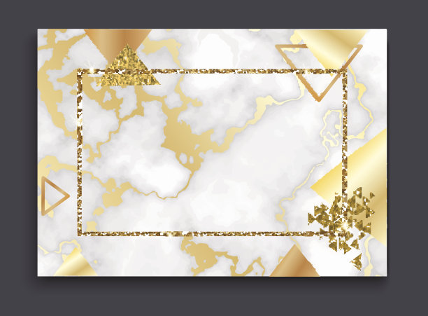 金色邀请或宣传册，横幅，大理石背景在时尚的极简几何风格三角形，金色线条，纹理，花岗岩，闪光，框架，矢量时尚壁纸，海报图片下载