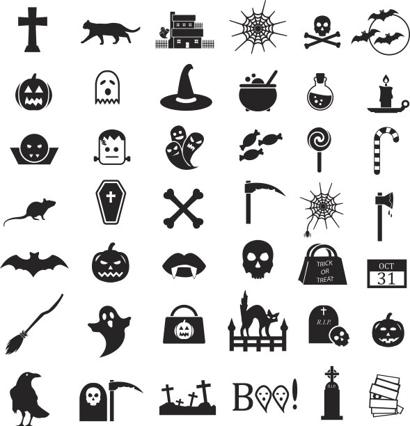 矢量图标设置万圣节，黑色万圣节图标孤立在白色背景42个图标图片下载