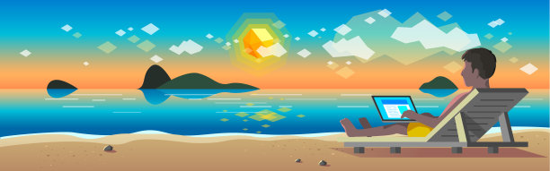 在海滩边工作边放松的男人图片下载