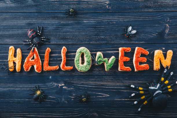 万圣节用的漂亮的姜饼字母，桌子上还有蜘蛛和虫子。从上面看不给糖就捣蛋图片下载