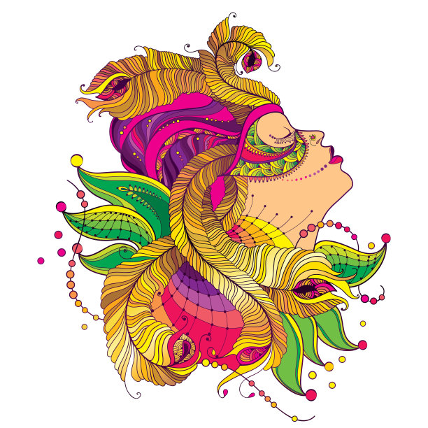 矢量侧面女孩的脸在狂欢节面具与轮廓金色孔雀羽毛，华丽的衣领和珠子孤立在白色的背景。图片下载