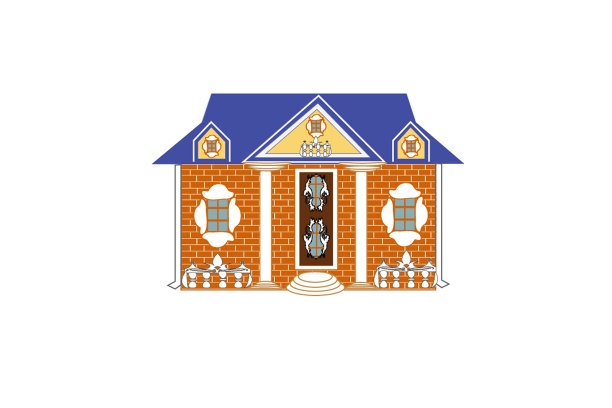 有蓝色屋顶和装饰装饰的砖房图片下载