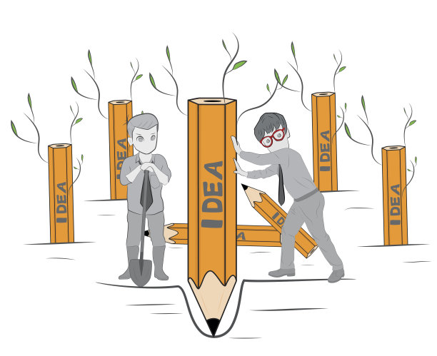 用铅笔画小人。人们把这个想法以铅笔的形式植入其中。商业概念的想法。团队合作。向量。手绘卡通矢量插图为商业和学校设计。图片下载