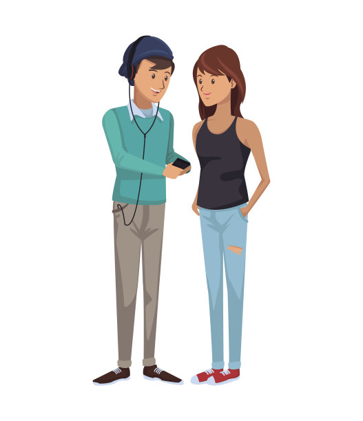 色彩缤纷的一对学生站在男孩与音乐播放器和女孩与波浪在休闲衣服图片下载