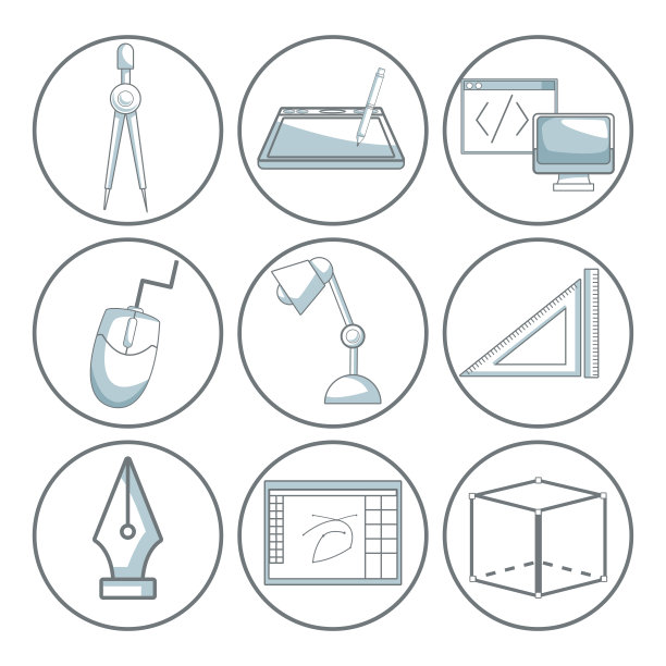 场景剪影的颜色部分的集合的阴影图标元素图形设计在圆形框架图片下载