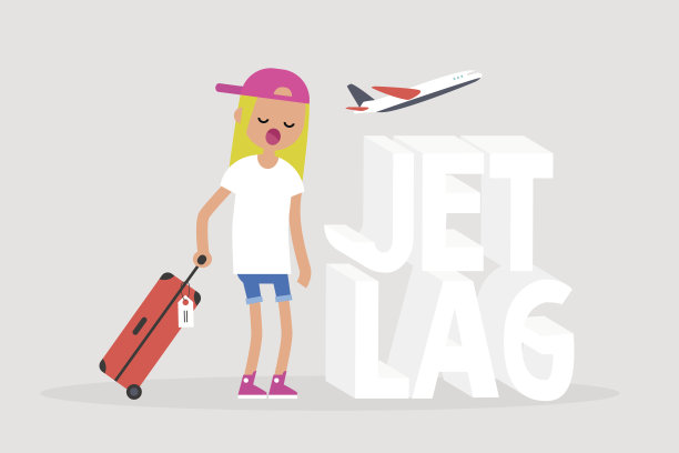 时差概念插图。年轻疲惫的字符打哈欠后在机场的航班/平面可编辑矢量插图，剪辑艺术图片下载