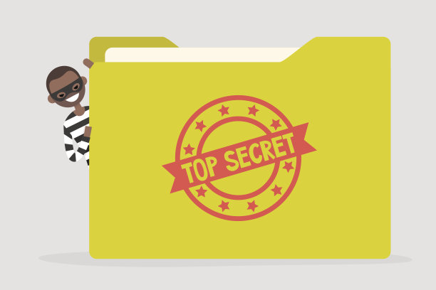 窃取机密信息。网络安全。带有绝密印章的黄色文件夹。平面可编辑矢量插图，剪辑艺术图片下载