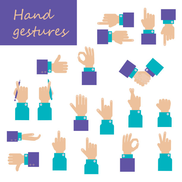 双手摆出不同的姿势。收集的情感,迹象。素材图片