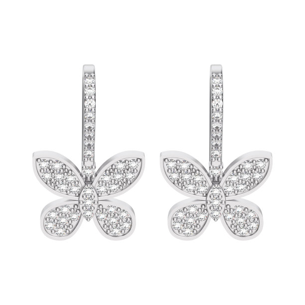 3D插图孤立两白金或银色装饰钻石蝴蝶耳环图片下载
