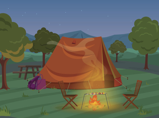 散步，远足或运动户外露营休闲景观，自然冒险度假插图。在夜晚的树林里搭帐篷。图片下载