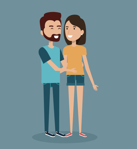 年轻幸福的夫妇在蓝色的背景上打手势微笑图片下载