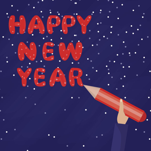 新年快乐。一个男人拿着一支笔在蓝色背景上写着字。平预展图片下载