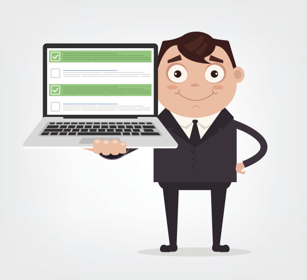 快乐微笑的商人，办公室职员字符持有笔记本电脑与复选框图片下载