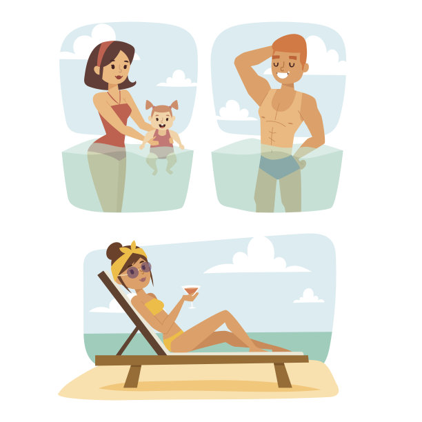 在海滩户外享受夏日阳光假期乐趣的卡通人物矢量插画图片下载