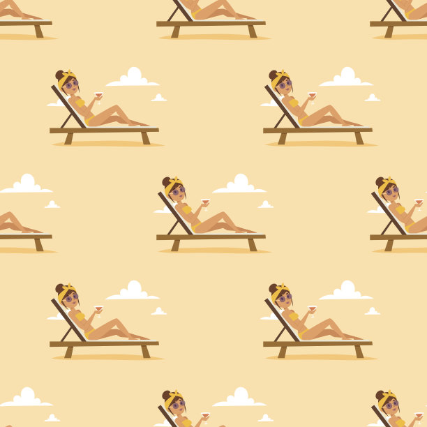 海滩上的女人，夏日生活方式无缝卡通矢量图案图片下载