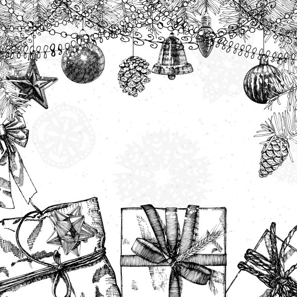 手绘年画涂鸦。新年和圣诞节主题的图片。色彩丰富细致，以节日物品为背景艺术品。放置邀请文字卡。向量。图片下载