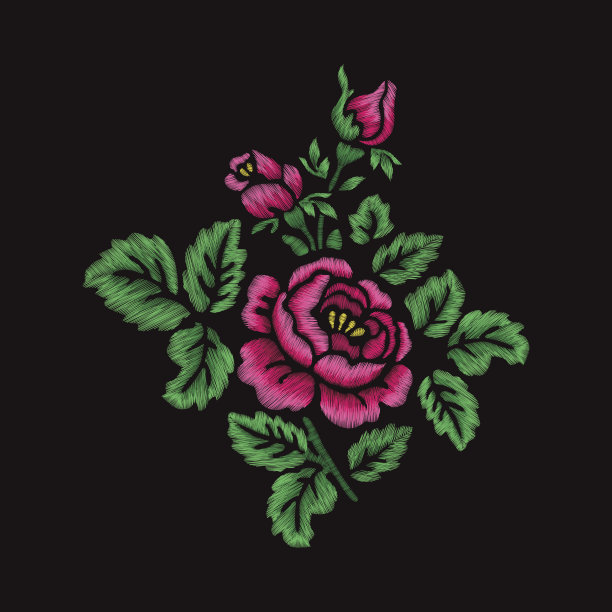 刺绣花卉图案与粉红色玫瑰花束和绿色的叶子在黑色的背景。民间、民族时尚。图片下载