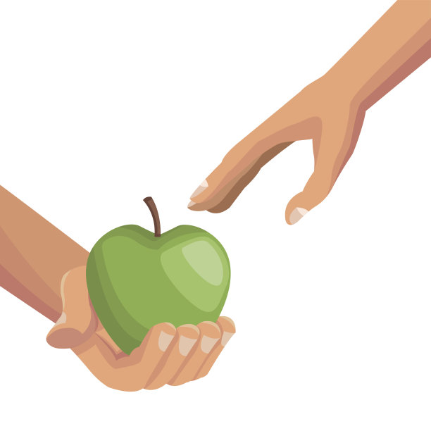 白色的背景与彩色的手给一个苹果水果其他手掌人图片下载