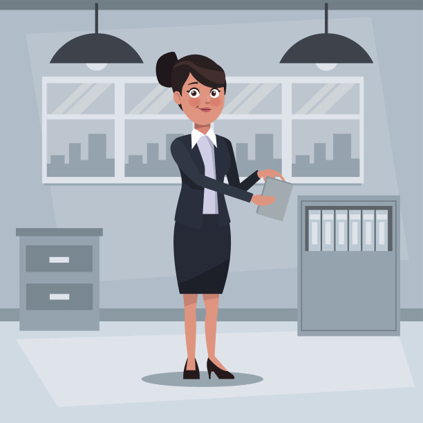 彩色背景的工作场所办公室与行政妇女站着文件图片下载