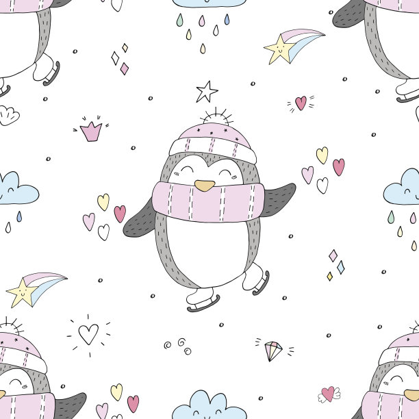 无缝图案与可爱的企鹅。手绘插图。向量。素材图片