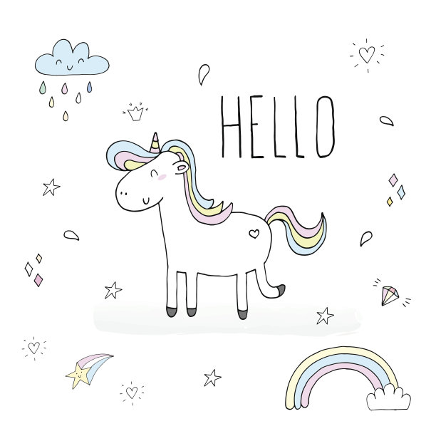 可爱的独角兽图案的孩子。你好卡图片下载