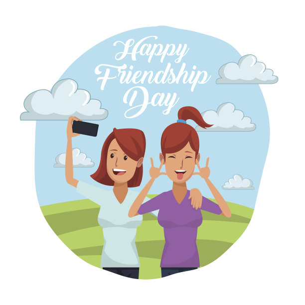 阳光明媚的日子里，一对女人在户外，一个在自拍，这是快乐友谊日的彩色卡片图片下载