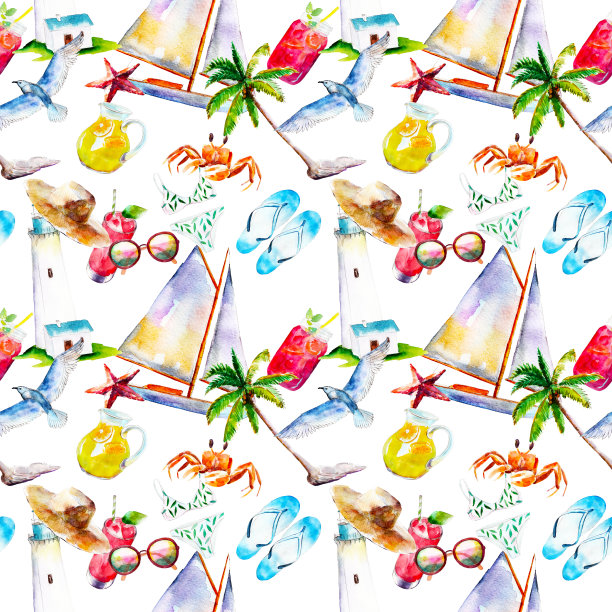 假日夏季背景，手绘水彩无缝图案上的白色背景。图片下载
