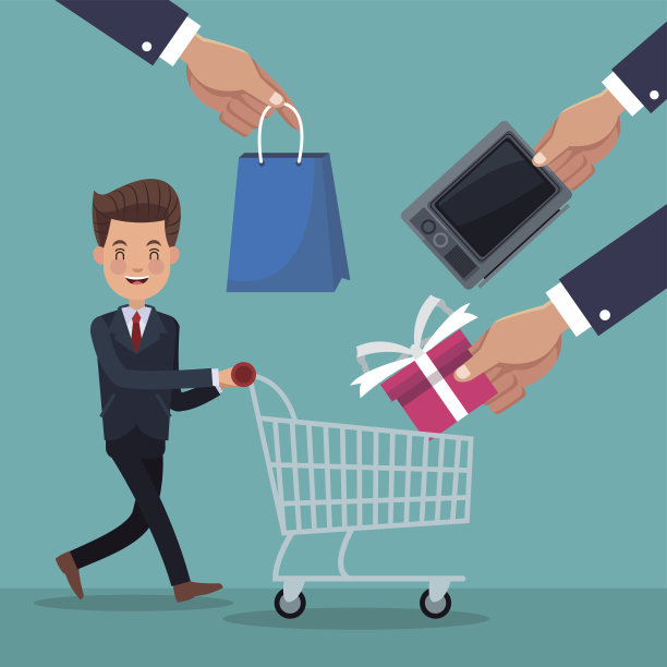 彩色背景的特写执行人员与购物车和手握物品购物图片下载