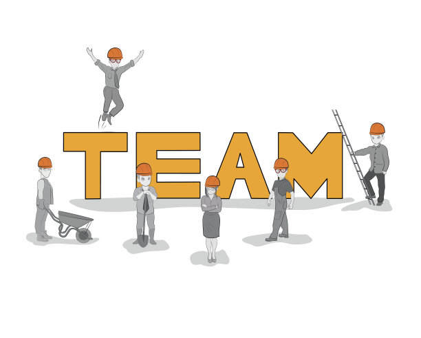 草图与工作的小人物团队合作。涂鸦可爱的微型单词结构。手绘卡通矢量插图的商业设计和概念。图片下载