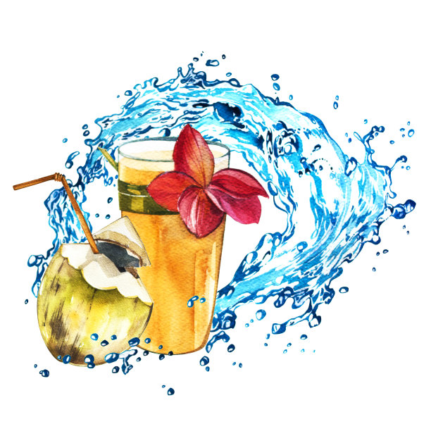 椰子橙汁水花飞溅水彩插画图片下载