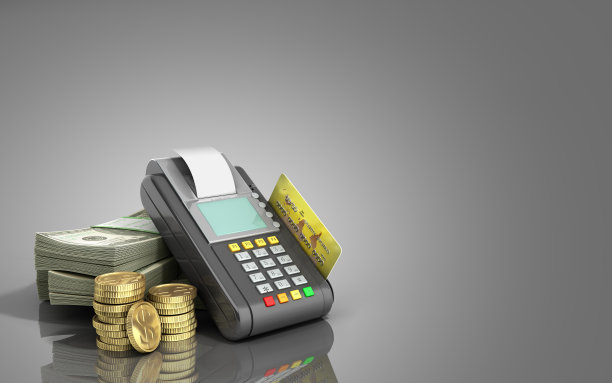 卡终端机在堆叠的美元纸币和一个银行卡内的白色光泽的背景3d插图图片下载