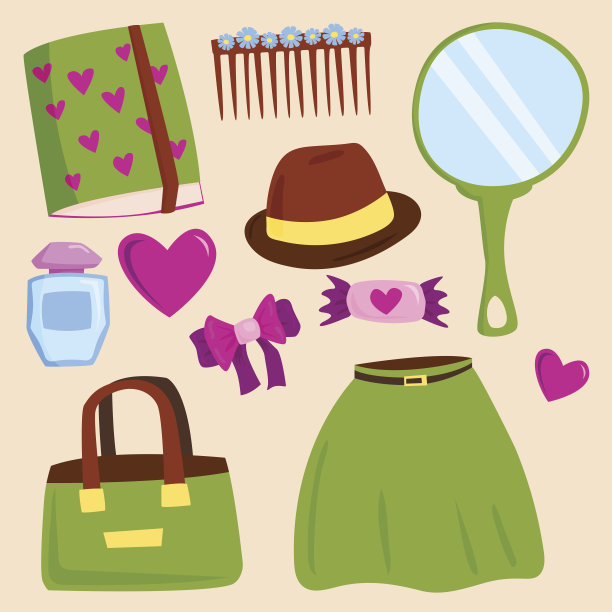 夏季女孩服装和配饰矢量素材，孤立的购物物品和化妆品图片下载