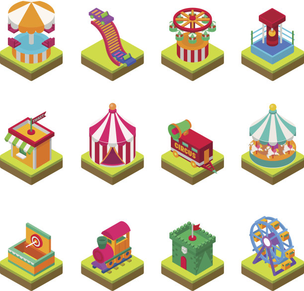 公园娱乐景点公园与旋转木马儿童户外娱乐建设矢量插图等距游戏3d风格孤立图片下载