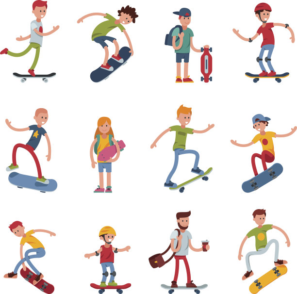 年轻的滑板活跃的人运动极端活跃的滑板城市跳跃技巧矢量插图图片下载