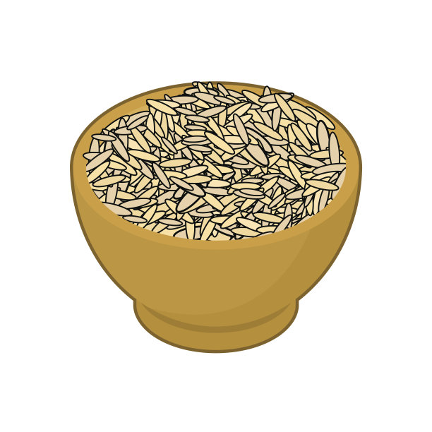 半熟的米饭在木碗孤立。木碟中的格栅。白色背景上的纹理。矢量图图片下载