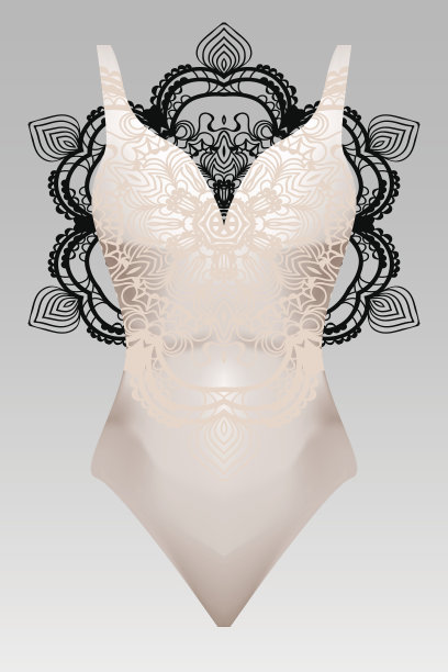 夏日游泳衣配以现代设计的米色曼陀罗点缀。时尚矢量插图。夏季设计布料。曼荼罗黑色背景层图片下载