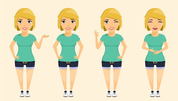 年轻迷人的金发女孩表达不同的情感。积极的情感。图片下载