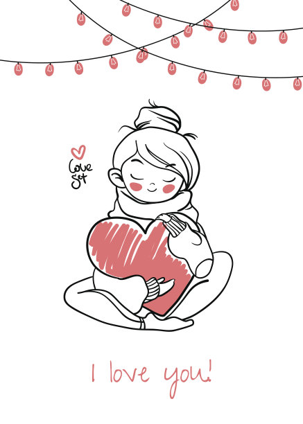 浪漫的插图与美丽的女孩和心。图片下载