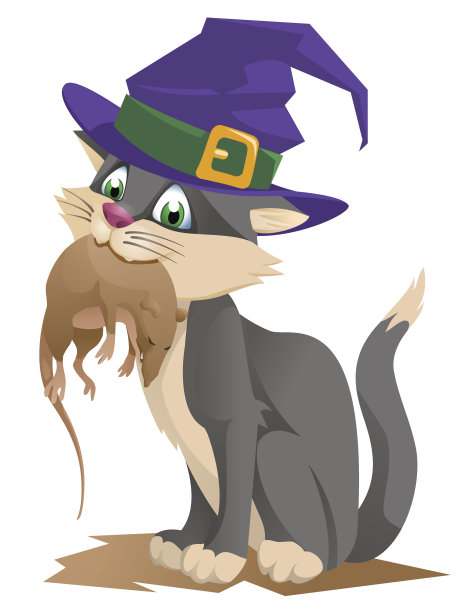 万圣节帽子里拿着老鼠的搞笑猫。万圣节快乐!卡通风格的矢量插图。图片下载