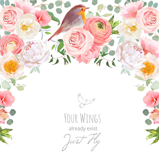 半圆形花环框，野玫瑰，牡丹，粉红毛茛图片下载