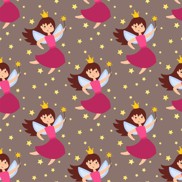 可爱的仙女公主角色无缝图案背景想象美丽天使女孩与翅膀矢量插画图片下载