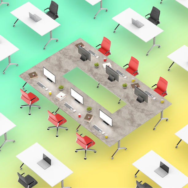 一个办公室空间的概念俯视图与桌子突出图片下载