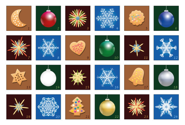 用圣诞球、雪花、酥皮饼干和稻草星星的降临历——按明确的升序编号。图片下载