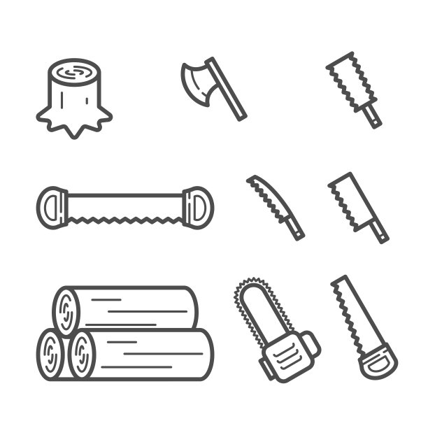 木工设备工具和树桩，木材符号图标设置轮廓描边设计插图黑白颜色孤立在白色背景，矢量eps10图片下载
