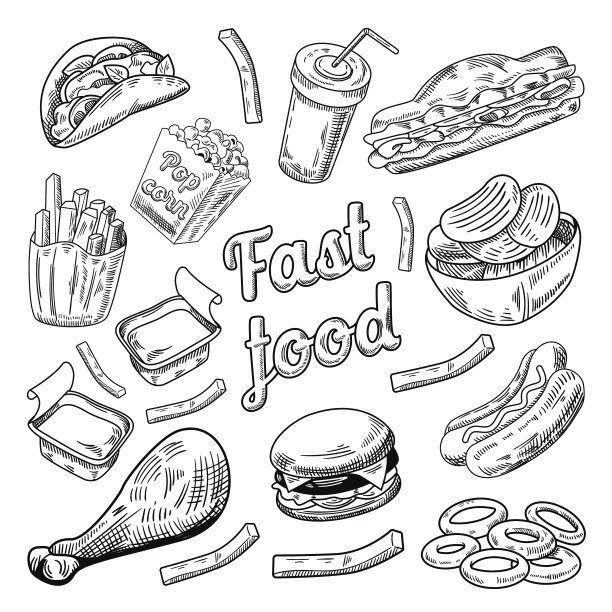 快餐店菜单。手绘汉堡图片下载