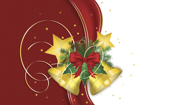 金色的铃铛和星星点缀着圣诞祝福。图片下载