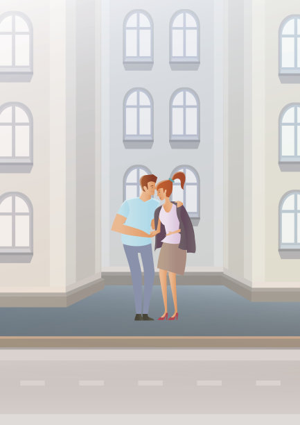 相爱的情侣在城市街道上，年轻人把外套给了女孩，拥抱的恋人矢量插画。图片下载